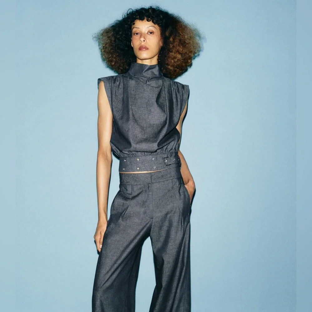Zara - Indigo Sleeveless High-Neck Wide-Leg Pant Set Size Large - NWT